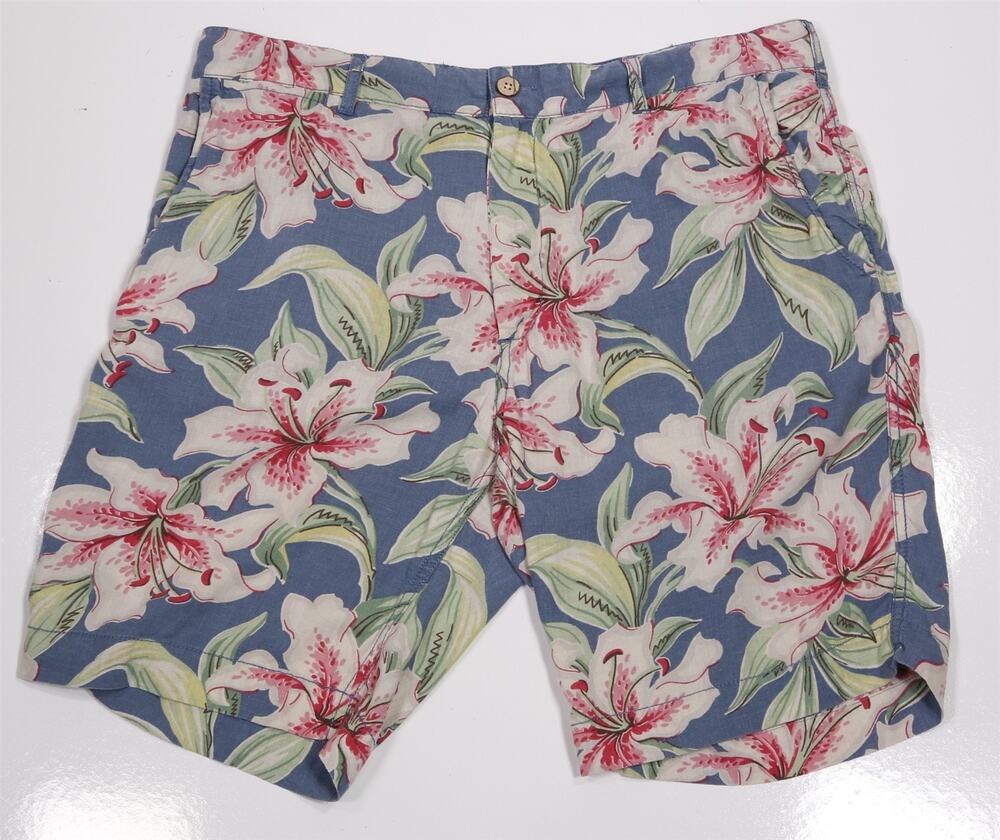 Faherty Mens Blue Pink Floral Linen Flat Front Shorts 9" Inseam 34